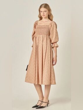 English Factory Floral Smocked Midi Dress Cottagecore Coquette Milkmaid Feminine